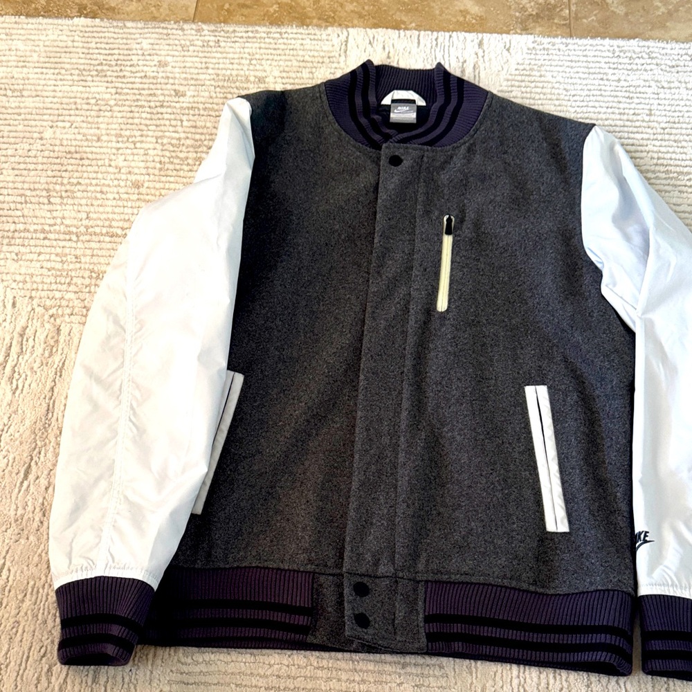 Nike Men's Gray and White Varsity Jacket
